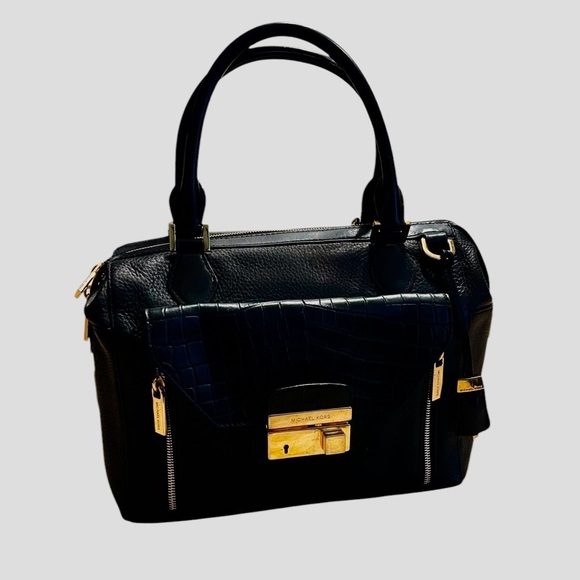 Michael Kors Collection Black Gia Crocodile-Embossed-Flap Top-Zip Satchel Bag - Picture 1 of 12